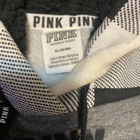 Victorias Secret PINK Hoodie Adult Gray Plaid Sherpa Lined Hood Spell Out Medium - Picture 6 of 9